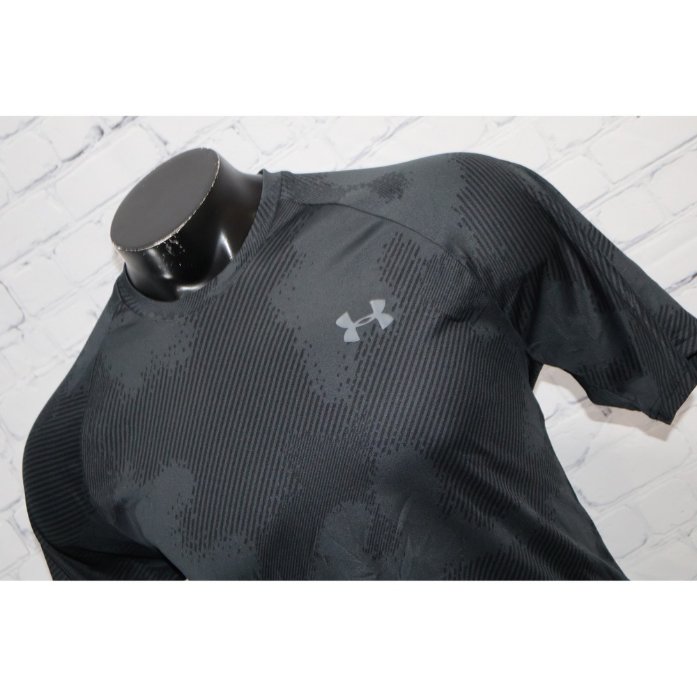 Under Armour Shirt Mens Large Black Gray Camo HeatGear Loose Fit Gym Workout